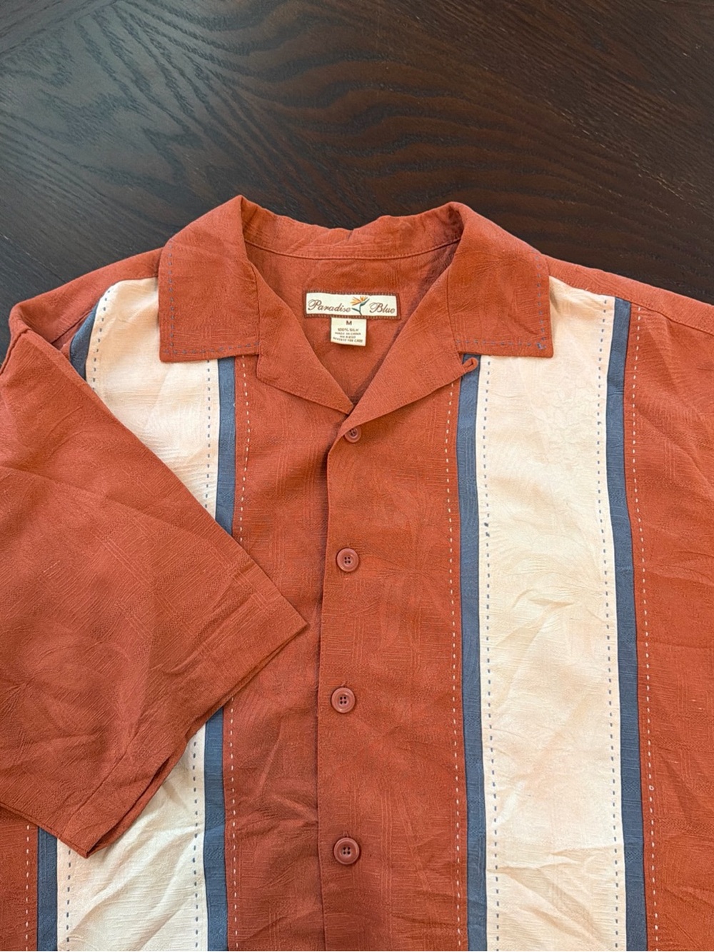 Rust Stripe Short-Sleeve Camp Shirt Jacket, retro bowling 100% silk